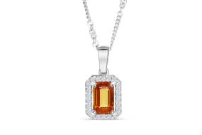 1.38 CT Pave Halo Emerald Cut Orange Sapphire Diamond Pendant 0.20 CT 14K White Gold OSPEN002