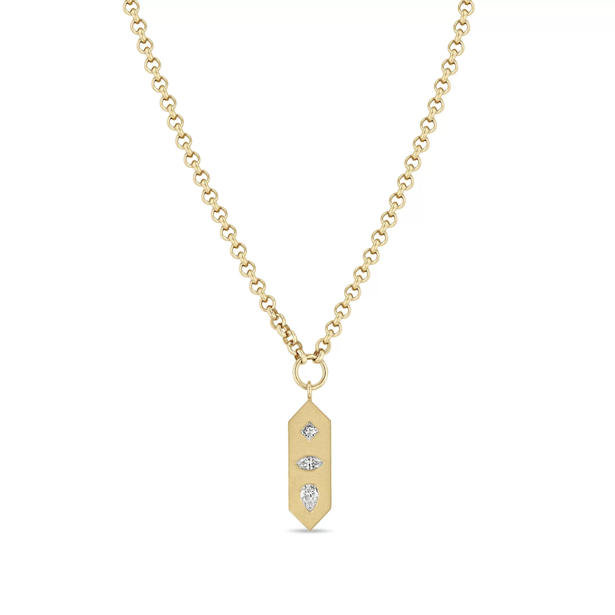 14k Diamond Mosaic Brushed Gold Vertical Hexagon Tag Rolo Chain Necklace