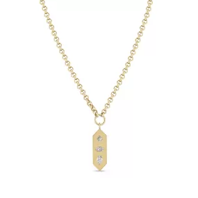 14k Diamond Mosaic Brushed Gold Vertical Hexagon Tag Rolo Chain Necklace