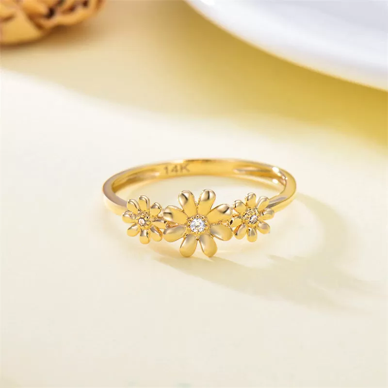 14K Real Gold Nature Diamond Daisy Ring for Women Yellow Gold Dainty Flower Ring for Wife Mom Engagement Ring