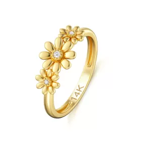 14K Real Gold Nature Diamond Daisy Ring for Women Yellow Gold Dainty Flower Ring for Wife Mom Engagement Ring