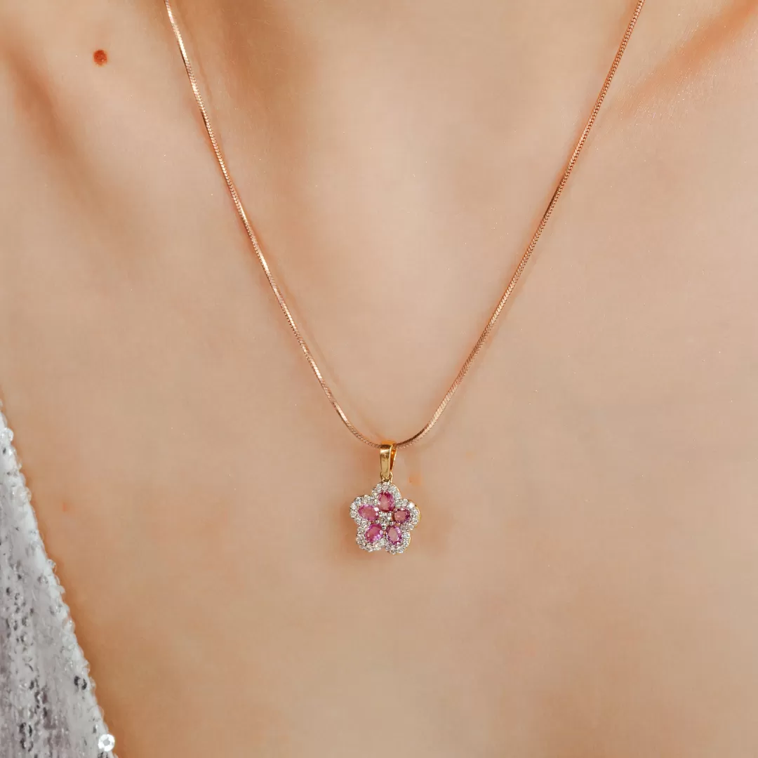 18K Gold Pink Sapphire Cherry Blossom Flower Pendant