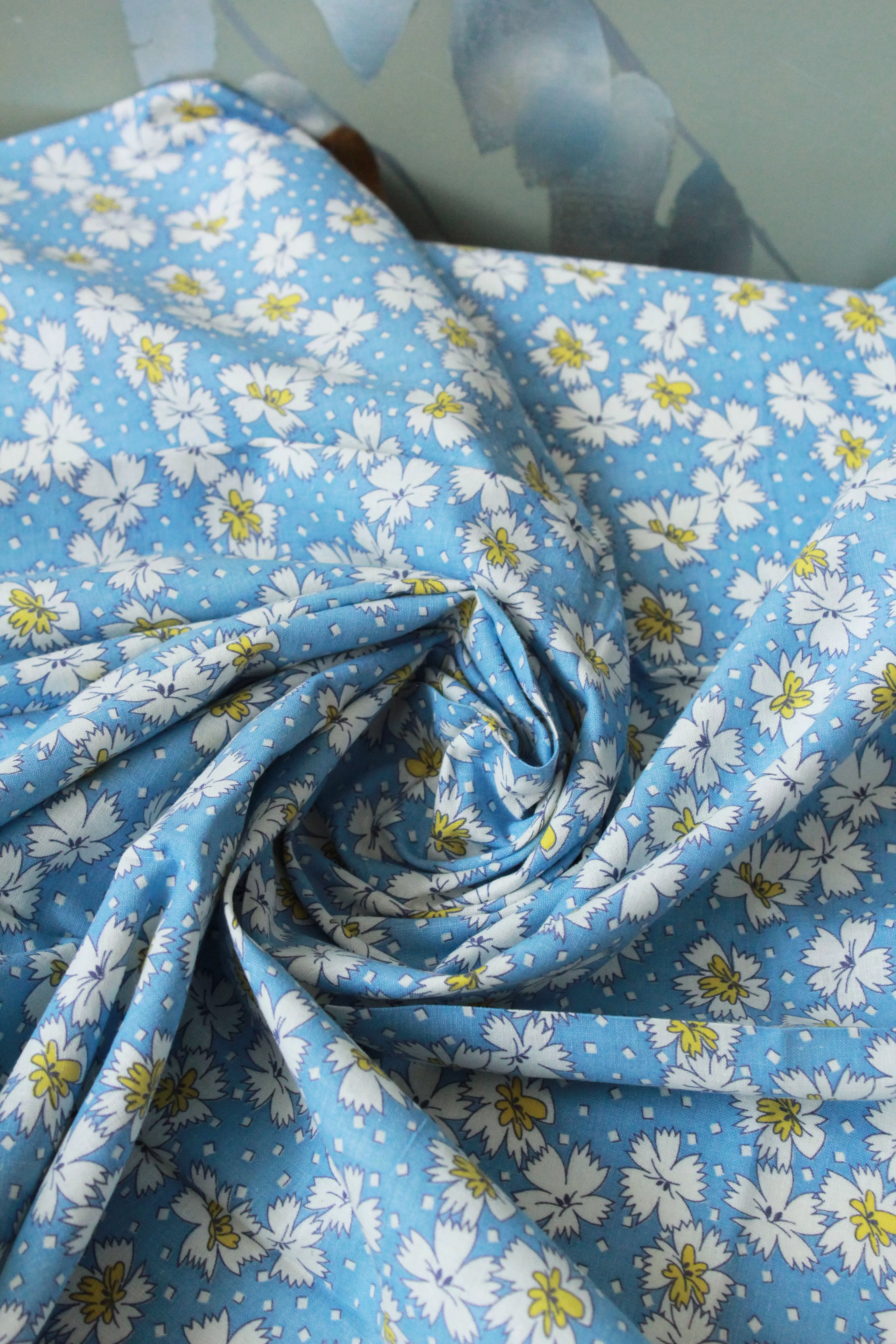 1940s Light Blue Floral Feedsack With Yellow Details, True Vintage 1940s Flower Summer Fabric