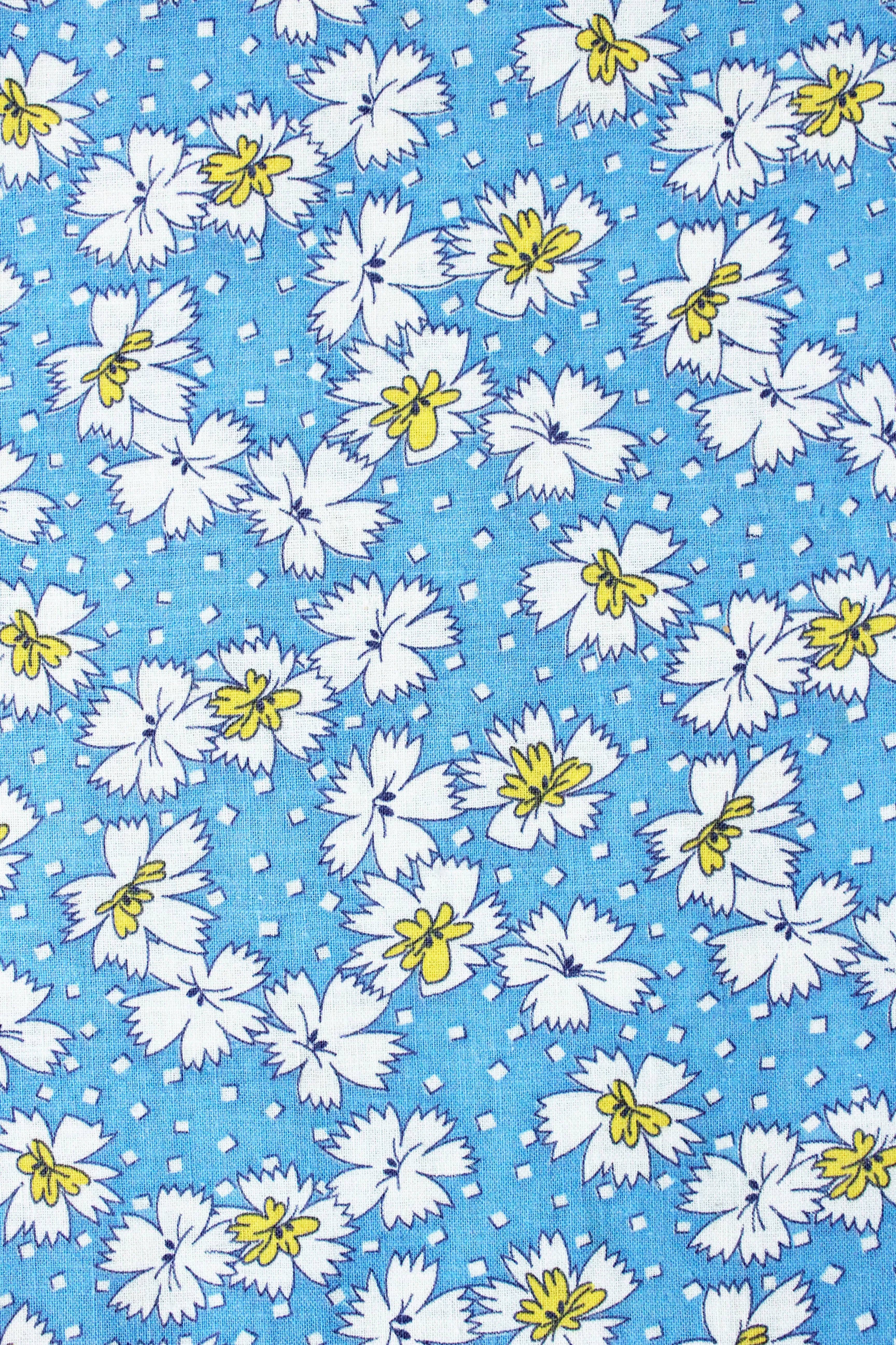 1940s Light Blue Floral Feedsack With Yellow Details, True Vintage 1940s Flower Summer Fabric