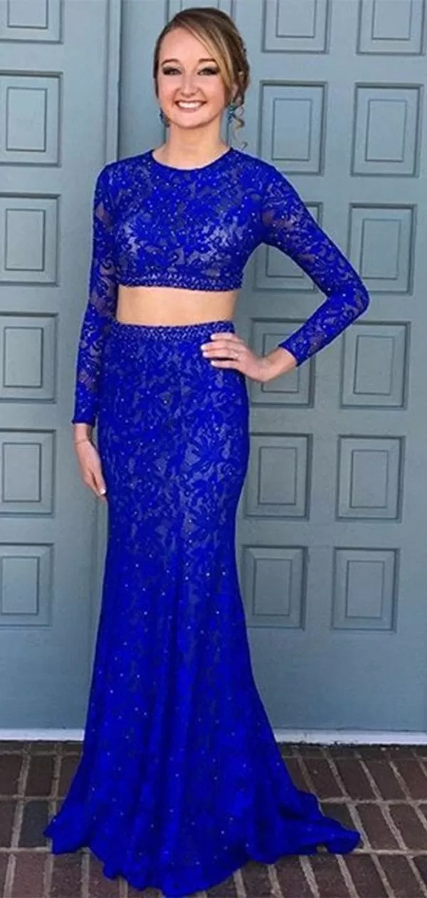 2019 New Blue Lace Prom Dress, Two Pieces Long Sleeves Prom Dress