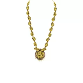 22K Yellow Gold Antique Temple Necklace W/ Ruby, Hanging Pearls & Mango Shaped Peacock Accents