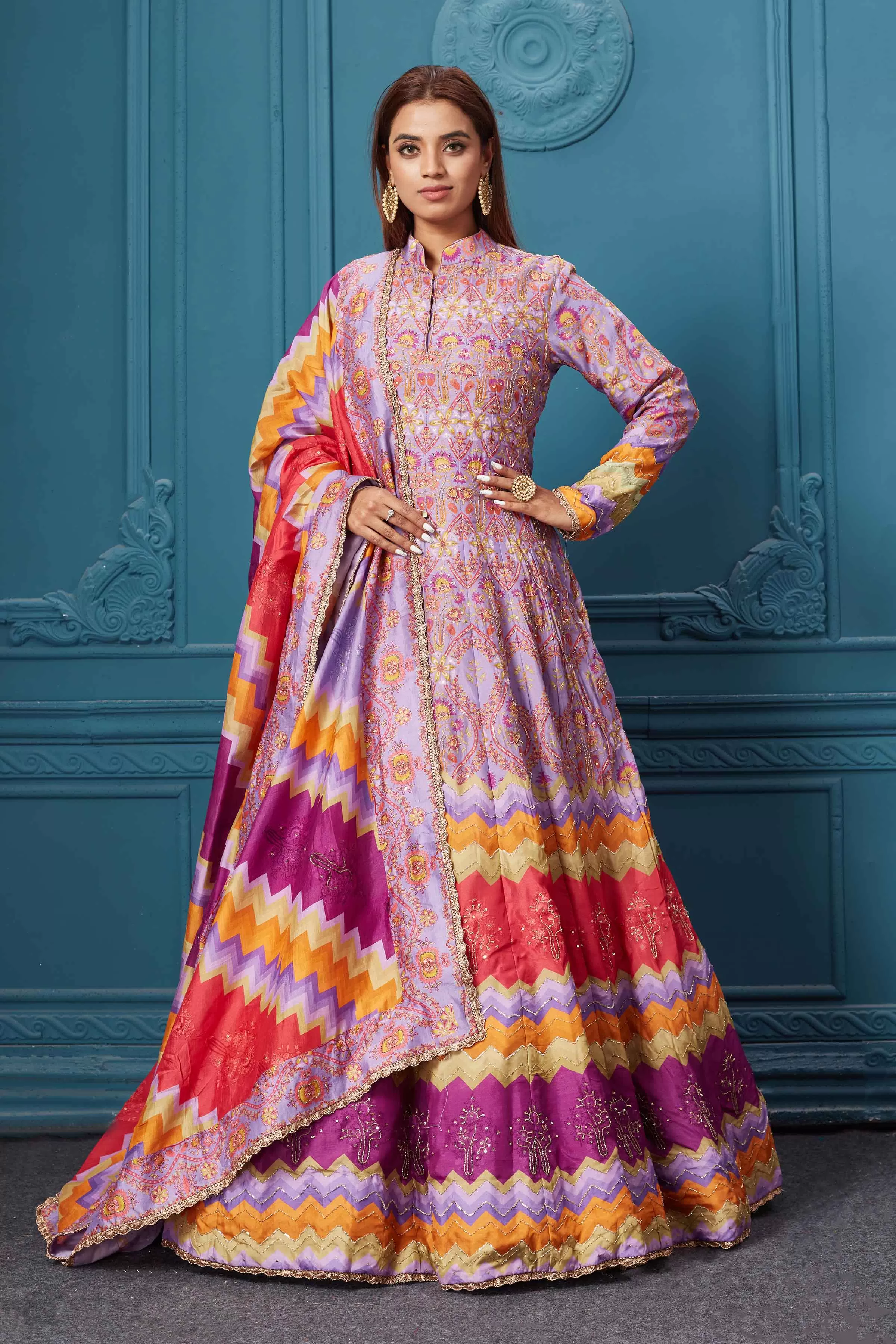 510013 Pink Multicolored Print Anarkali Suit with Dupatta