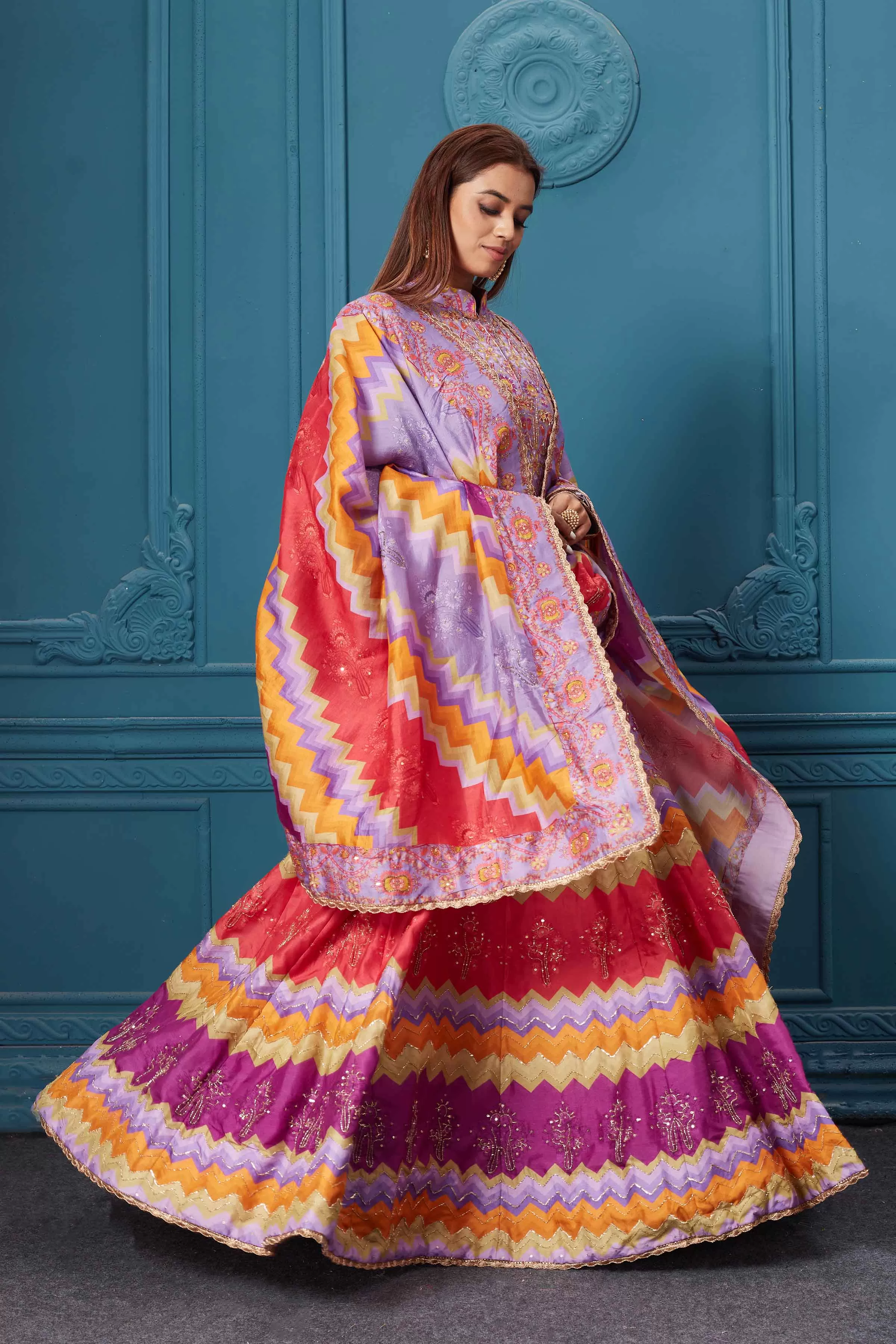 510013 Pink Multicolored Print Anarkali Suit with Dupatta