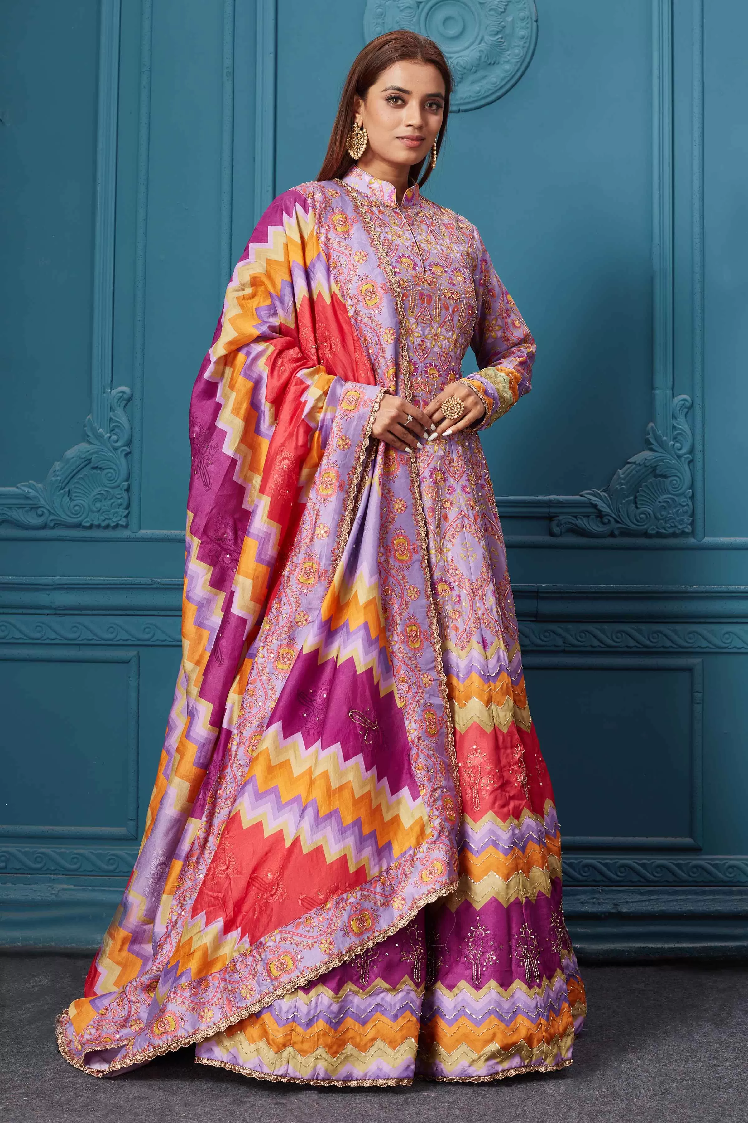 510013 Pink Multicolored Print Anarkali Suit with Dupatta