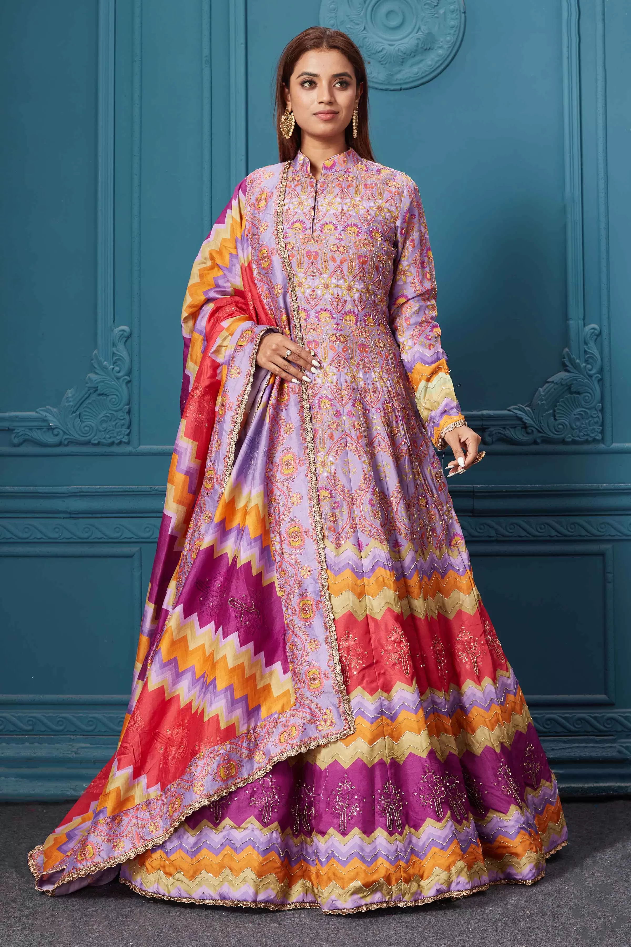 510013 Pink Multicolored Print Anarkali Suit with Dupatta