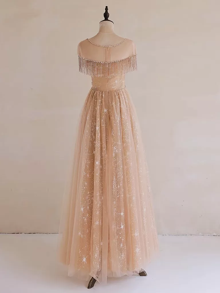 A-Line Lace Champagne Long Prom Dress, Champagne Lace Long Formal Dress