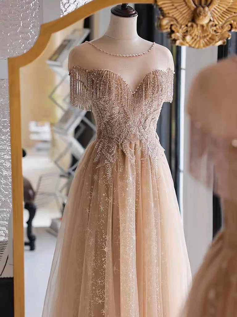 A-Line Lace Champagne Long Prom Dress, Champagne Lace Long Formal Dress