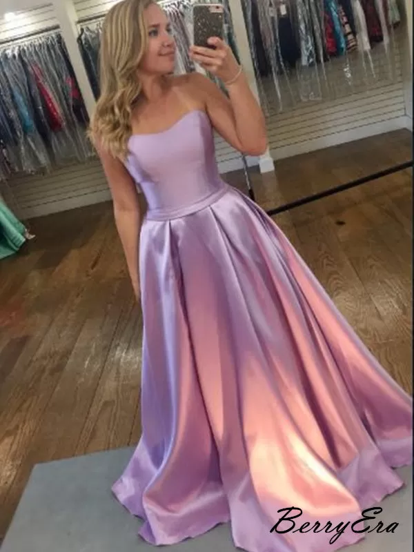 A-line Light Purple Satin Prom Dresses, Cheap Prom Dresses 2019