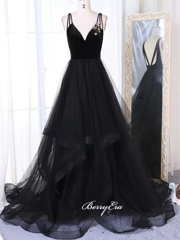 A-line Long Tulle Prom Dresses, Black School Graduation Prom Dresses, 2020 Prom Dresses