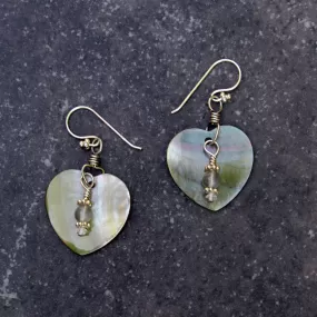 Abalone Heart Earrings, Silver Moonstones, White Topaz, Sterling Silver Drop Earrings