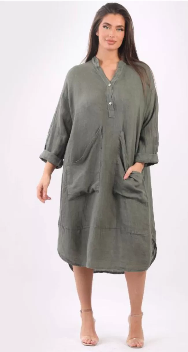 Anne   Kate Italian Pisa Linen Front Pockets Midi Dress