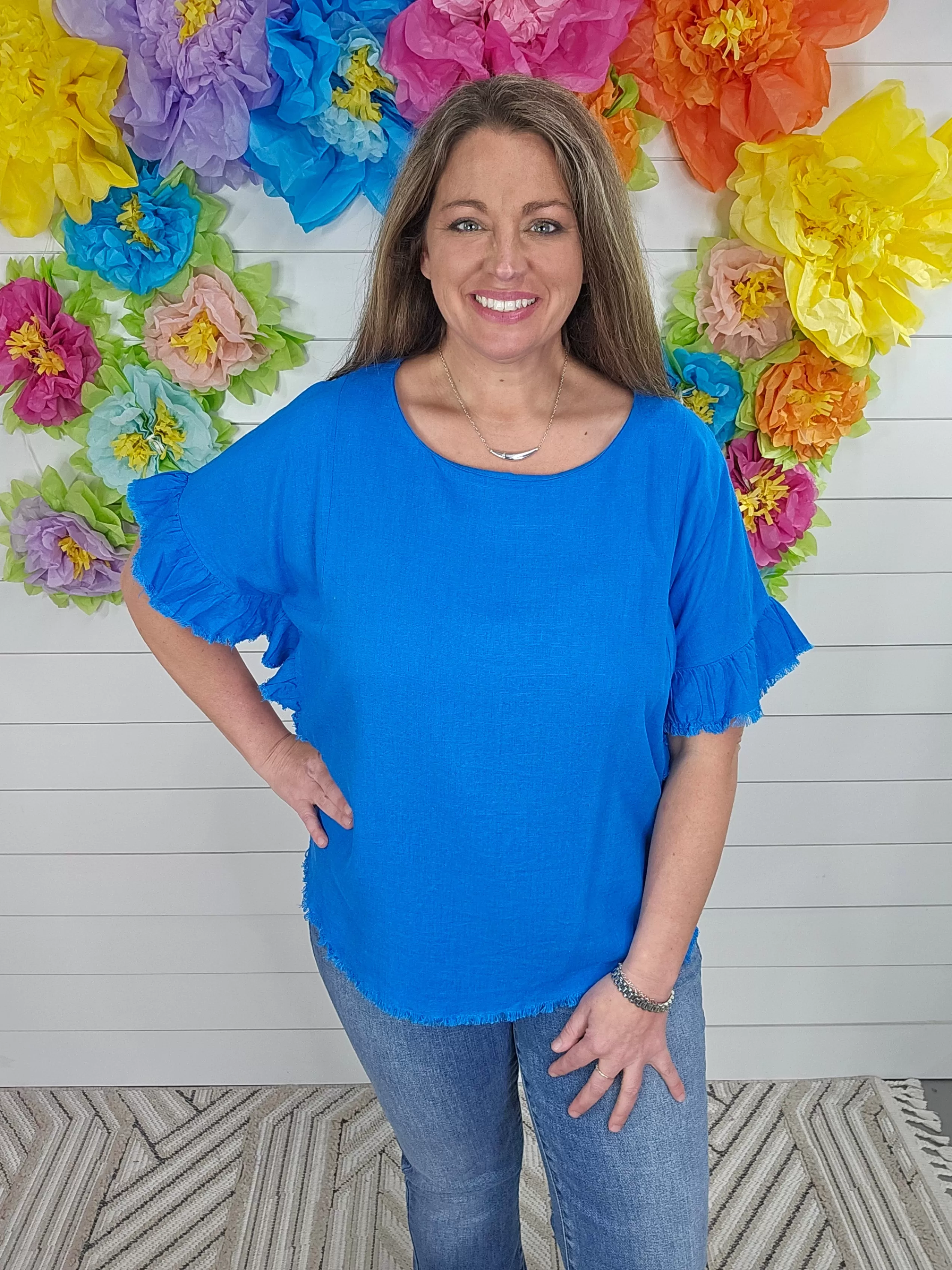 AZURE LINEN BLEND SHORT RUFFLE SLEEVE TOP