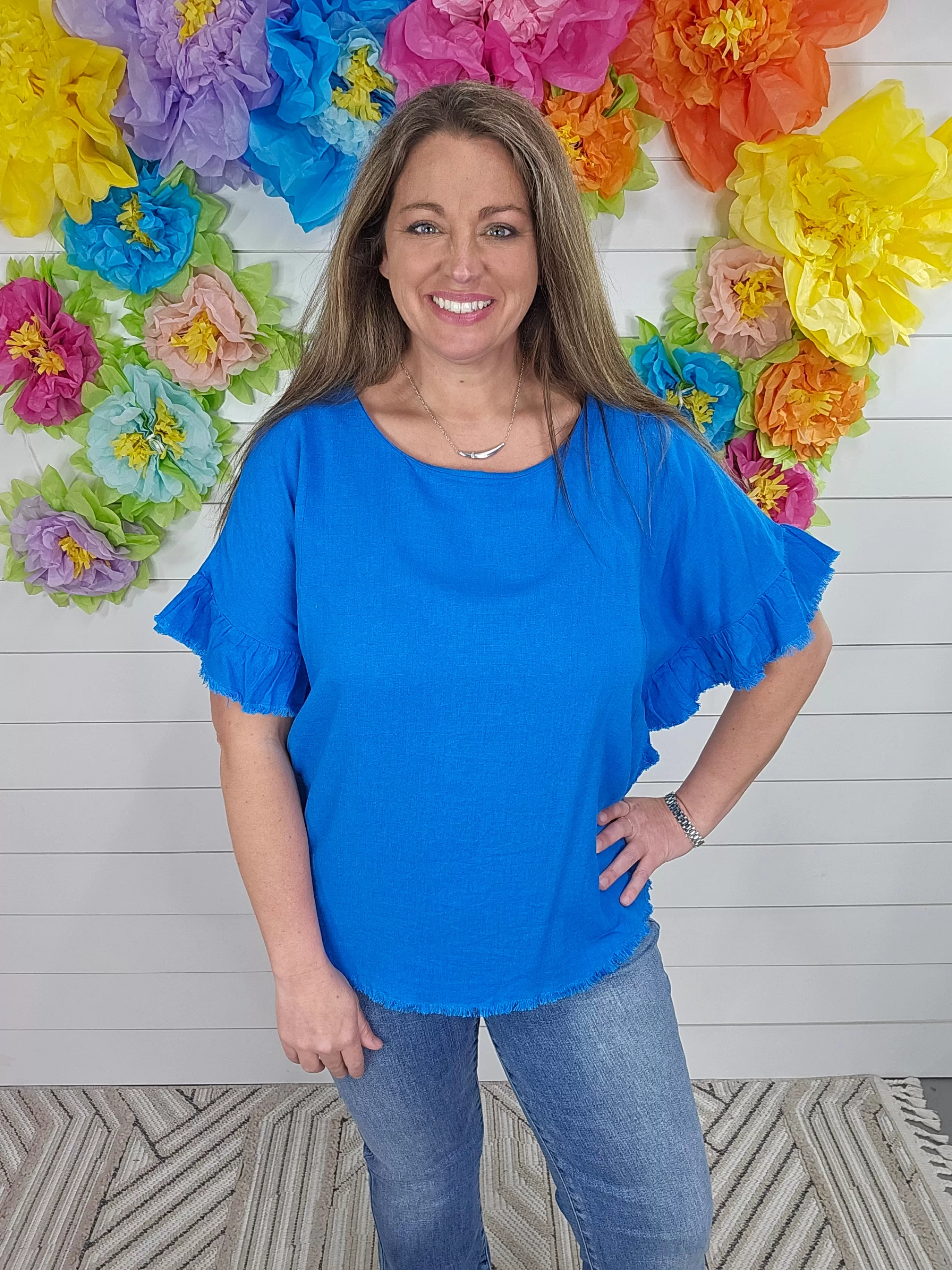 AZURE LINEN BLEND SHORT RUFFLE SLEEVE TOP