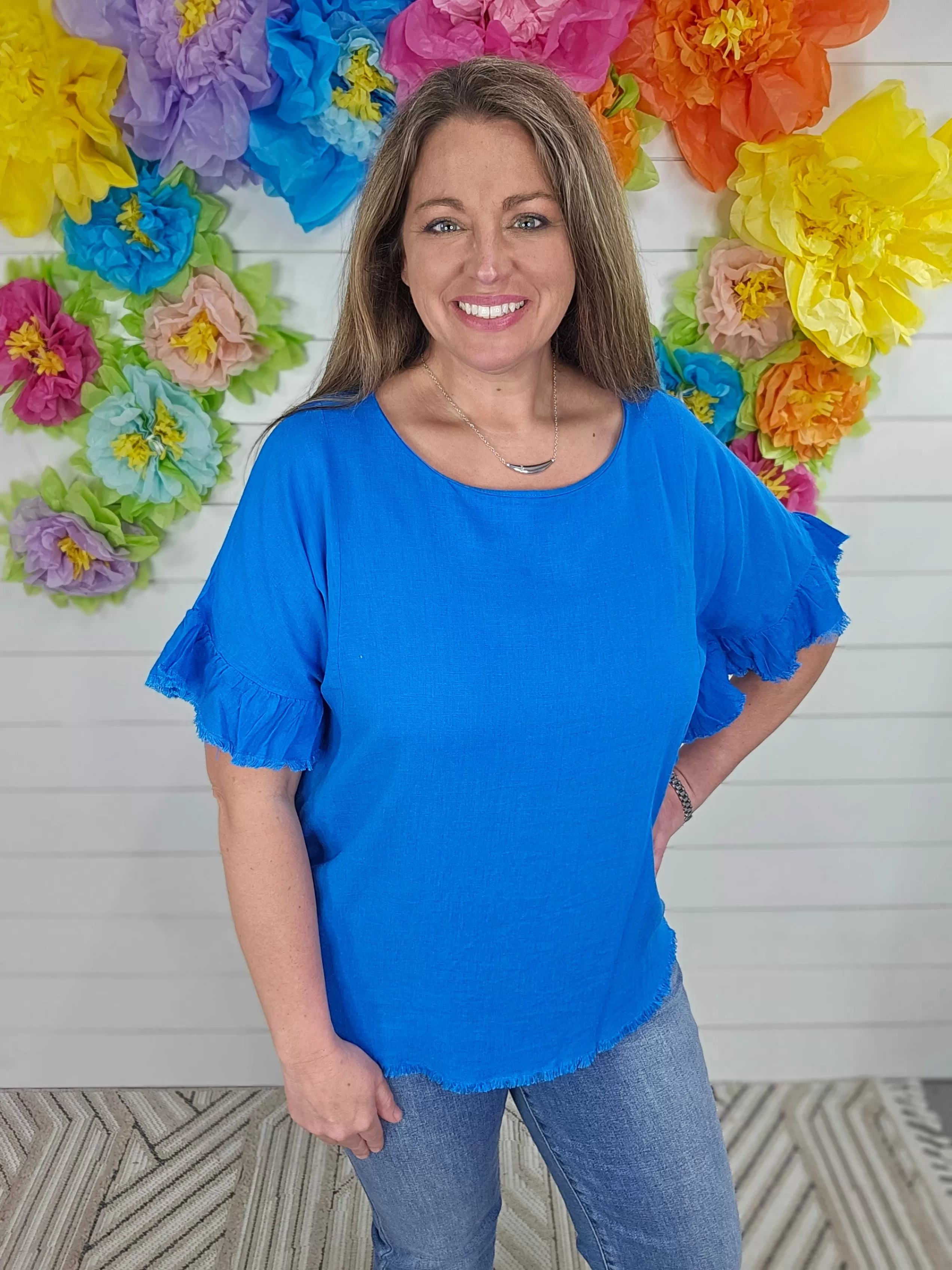 AZURE LINEN BLEND SHORT RUFFLE SLEEVE TOP