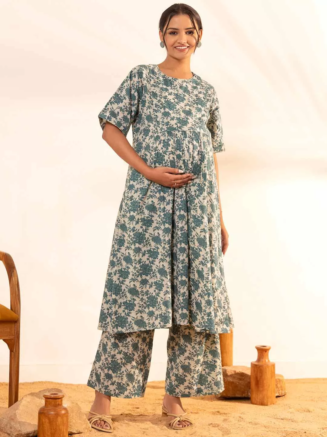 Beige Cotton Floral Printed Maternity Kurta with Palazzo