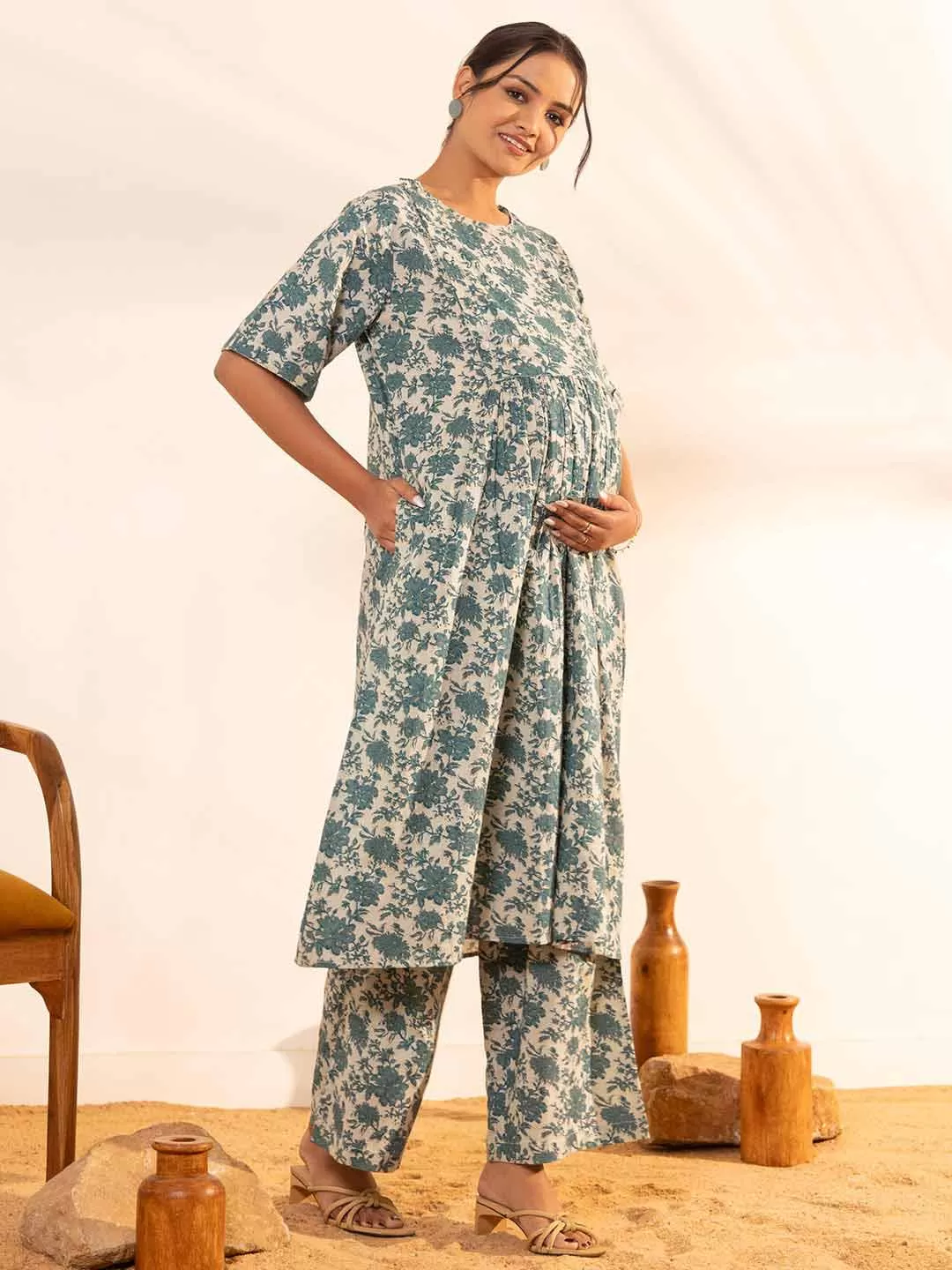 Beige Cotton Floral Printed Maternity Kurta with Palazzo