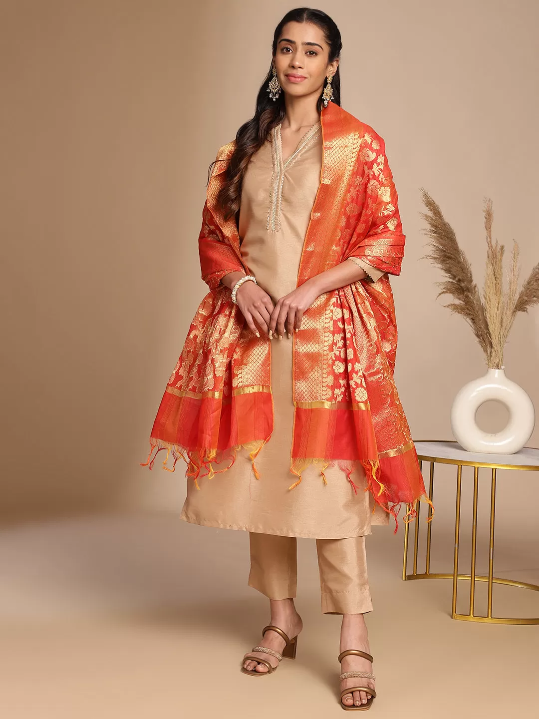 Beige Crepe Silk Yoke Design Straight Kurta Set