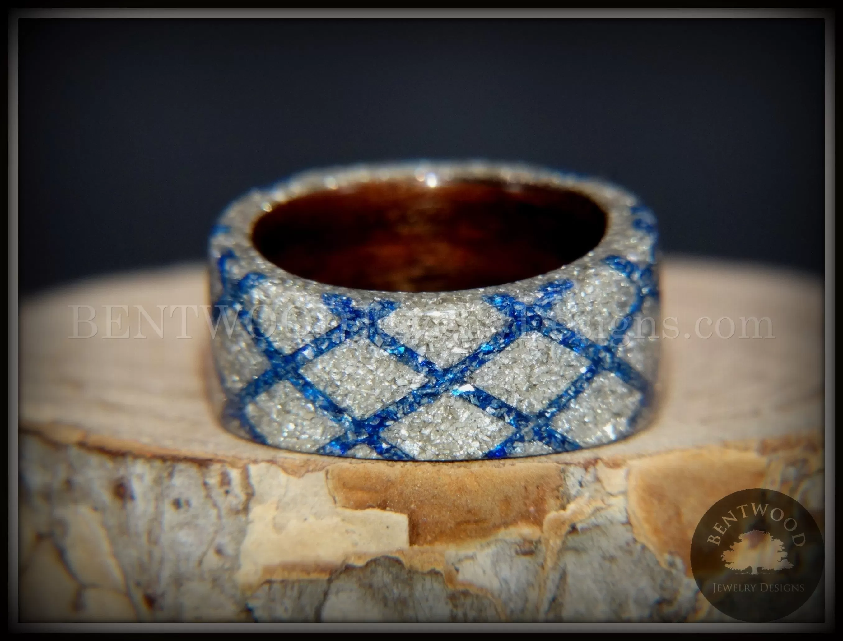 Bentwood Ring - The Blue Diamond Waffle Wedge Ebony Wood German Silver and Blue Glass Inlay