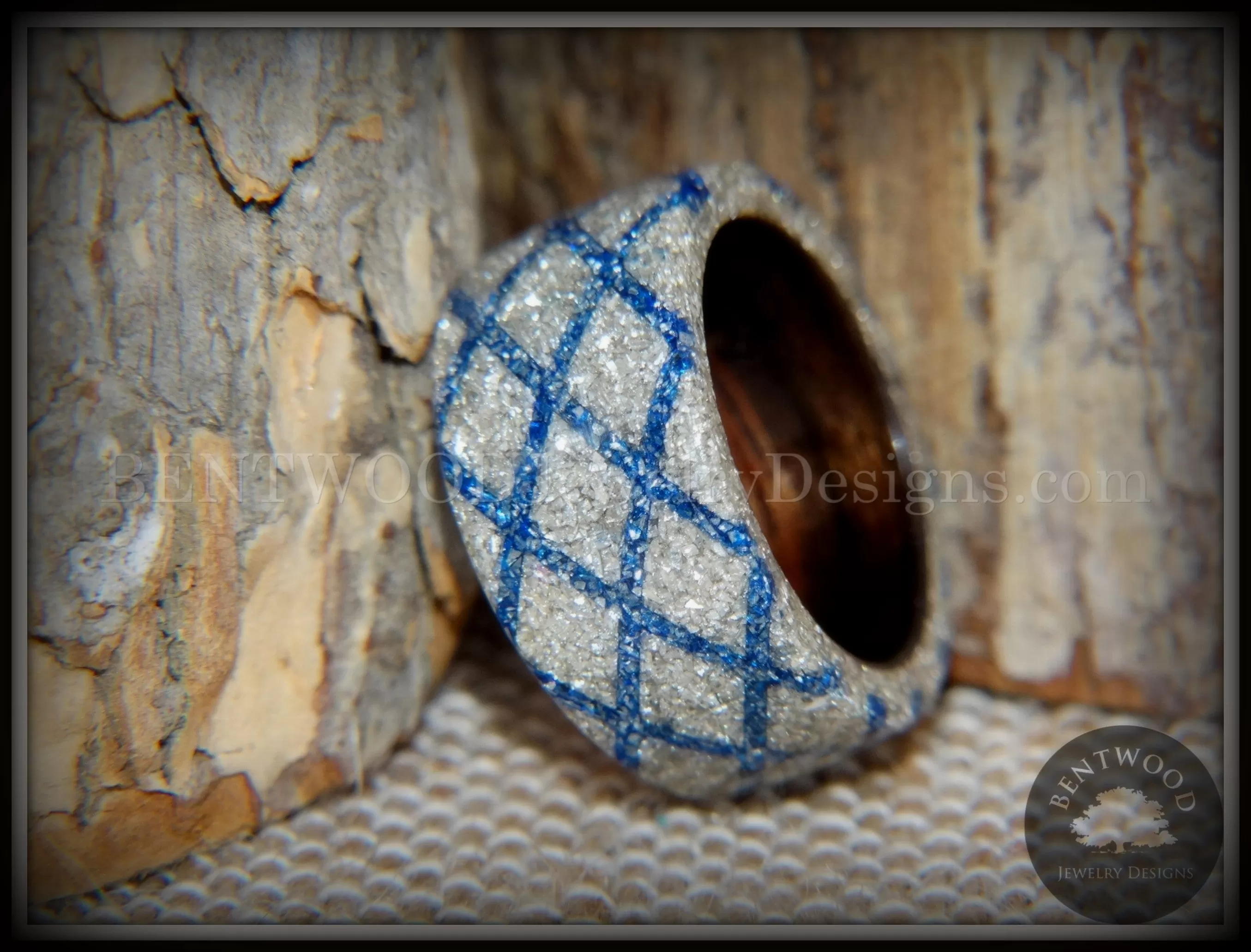 Bentwood Ring - The Blue Diamond Waffle Wedge Ebony Wood German Silver and Blue Glass Inlay