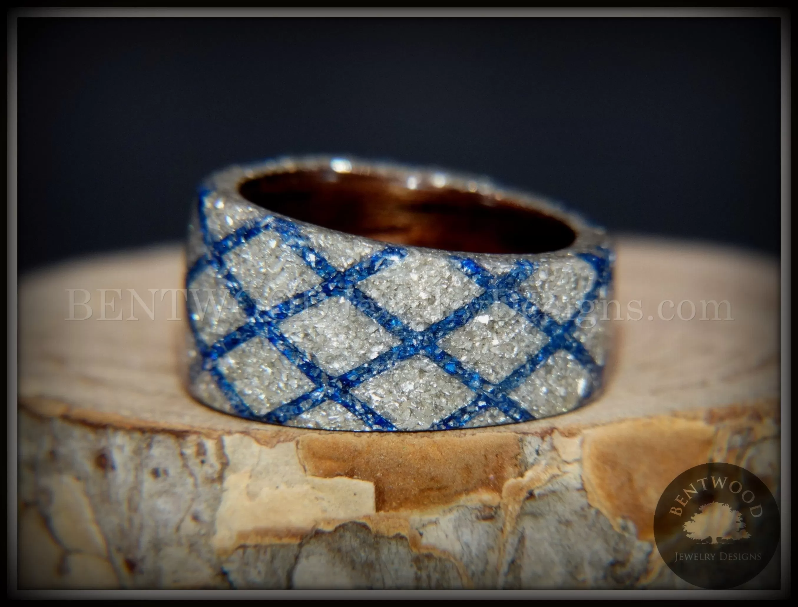 Bentwood Ring - The Blue Diamond Waffle Wedge Ebony Wood German Silver and Blue Glass Inlay