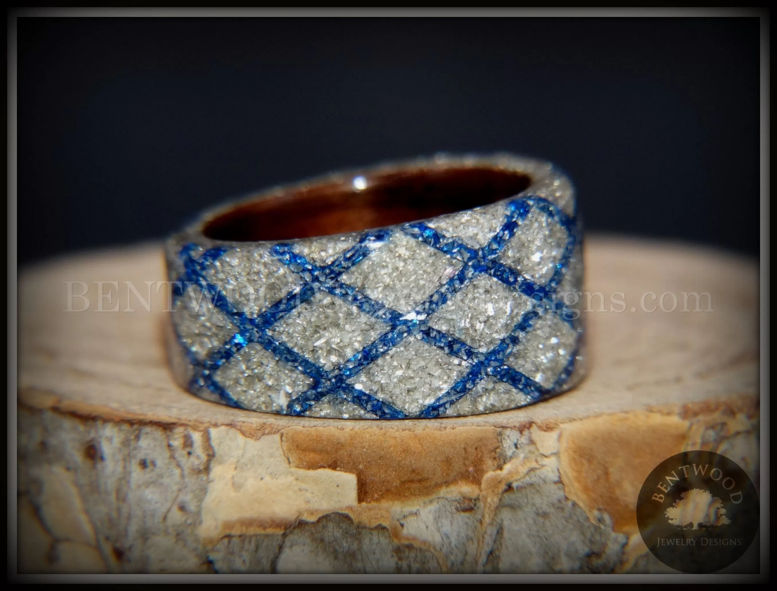 Bentwood Ring - The Blue Diamond Waffle Wedge Ebony Wood German Silver and Blue Glass Inlay