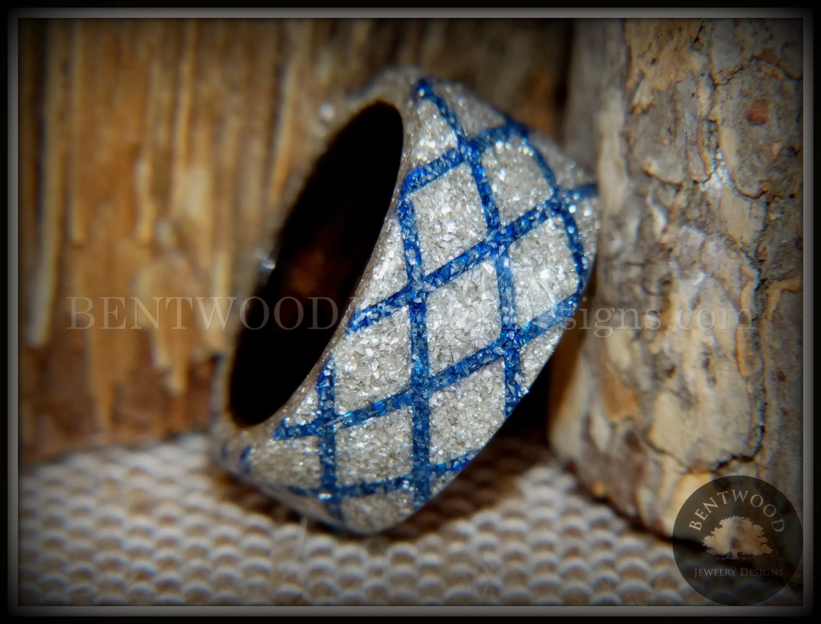 Bentwood Ring - The Blue Diamond Waffle Wedge Ebony Wood German Silver and Blue Glass Inlay