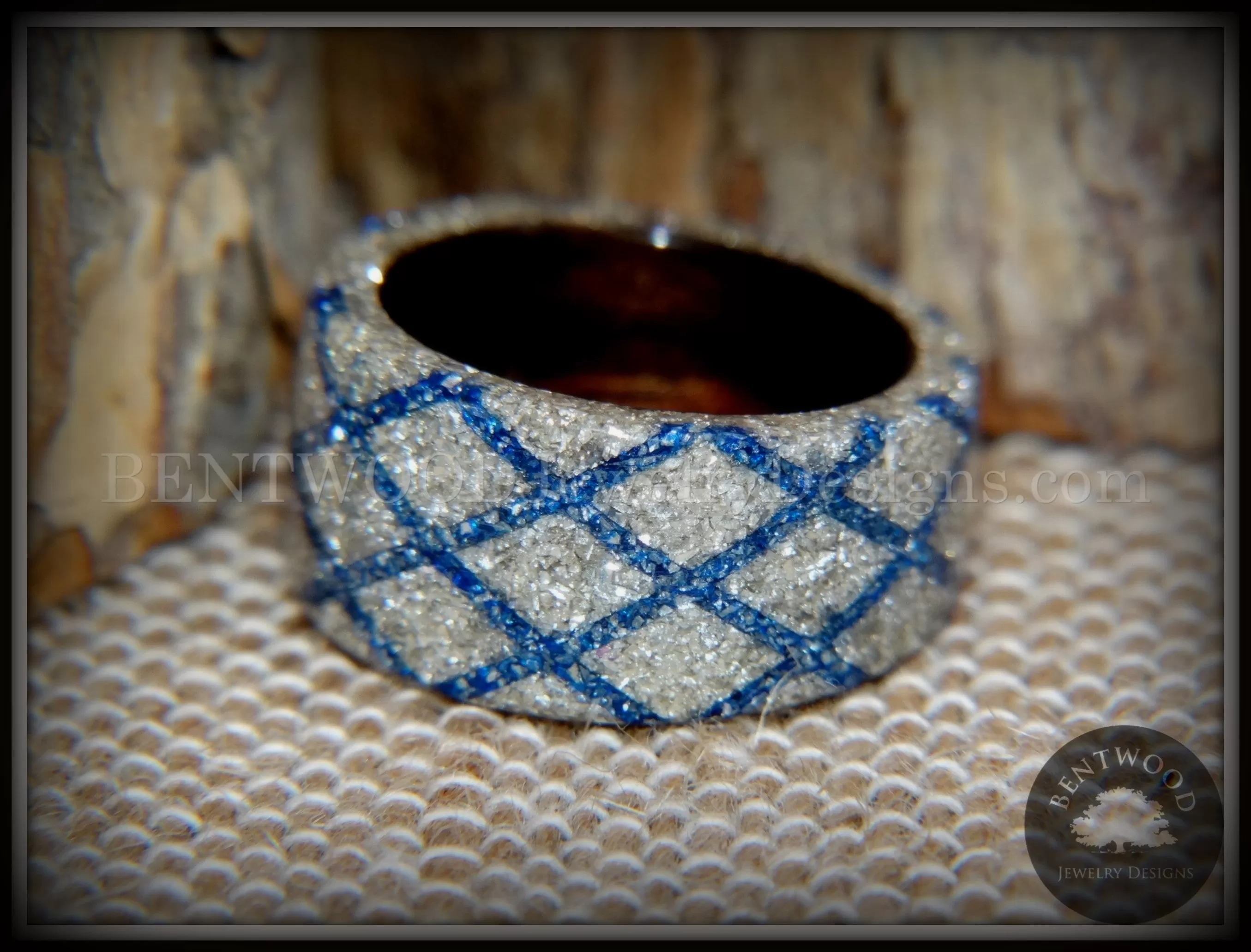 Bentwood Ring - The Blue Diamond Waffle Wedge Ebony Wood German Silver and Blue Glass Inlay