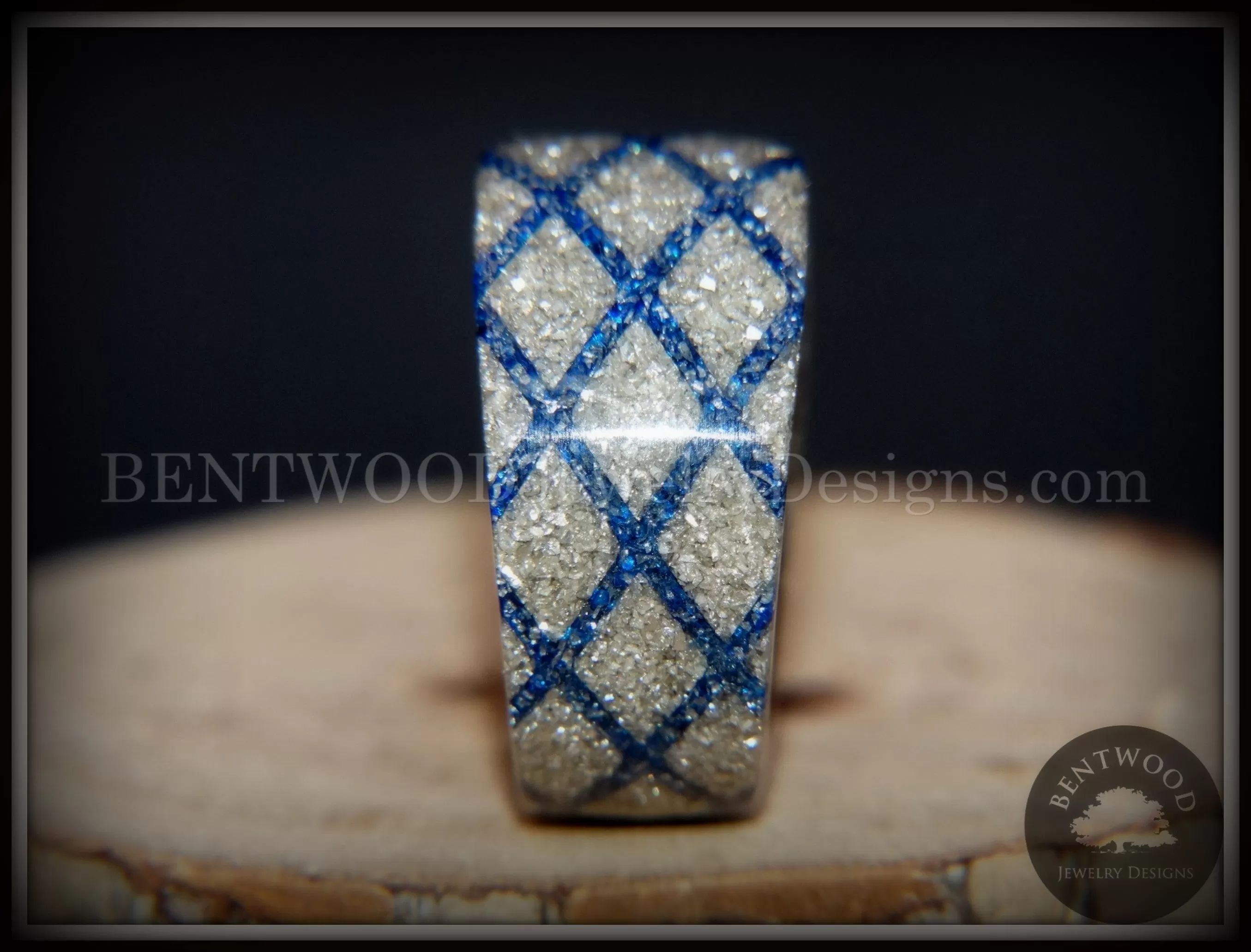 Bentwood Ring - The Blue Diamond Waffle Wedge Ebony Wood German Silver and Blue Glass Inlay