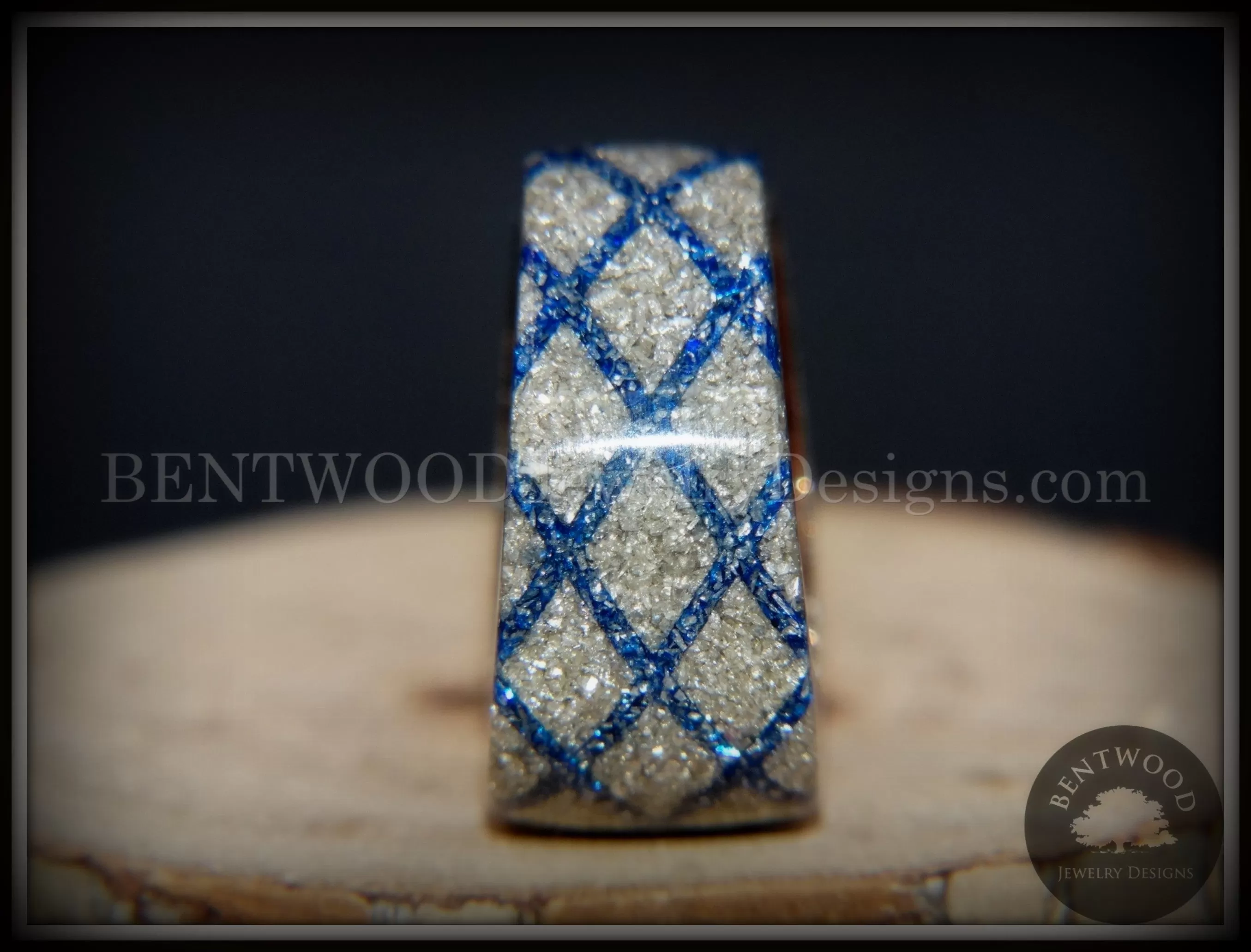 Bentwood Ring - The Blue Diamond Waffle Wedge Ebony Wood German Silver and Blue Glass Inlay