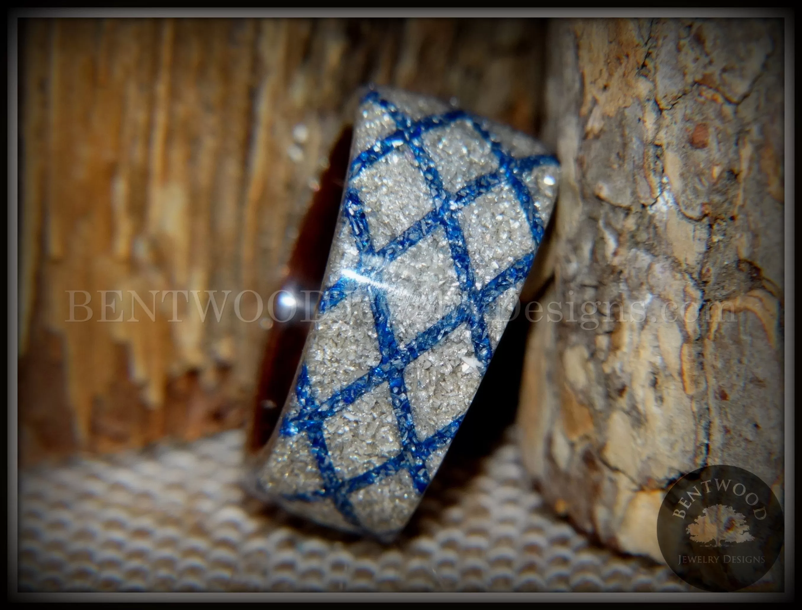 Bentwood Ring - The Blue Diamond Waffle Wedge Ebony Wood German Silver and Blue Glass Inlay