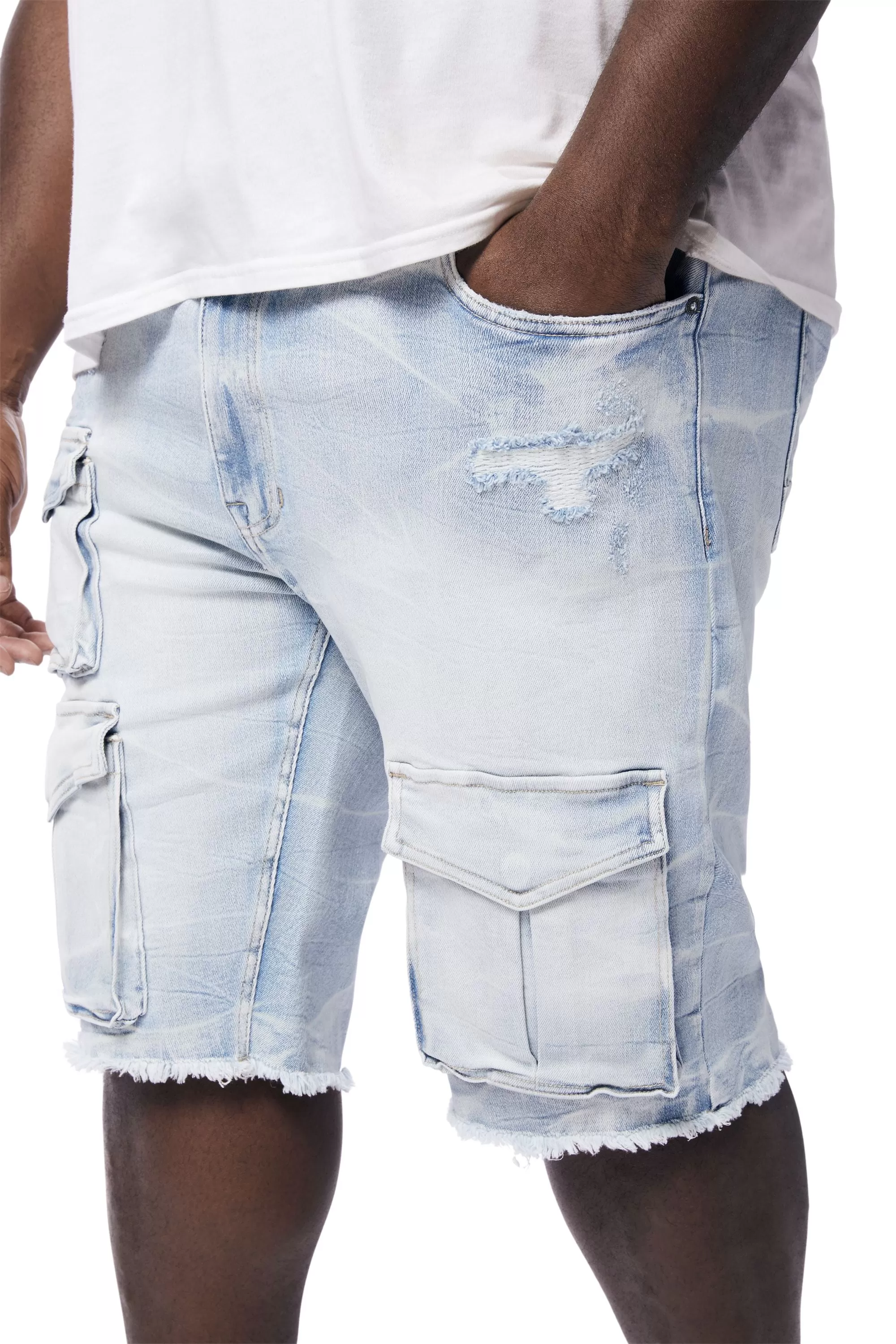 Big and Tall - Rip & Repair Cargo Jean Shorts - Santorini Blue