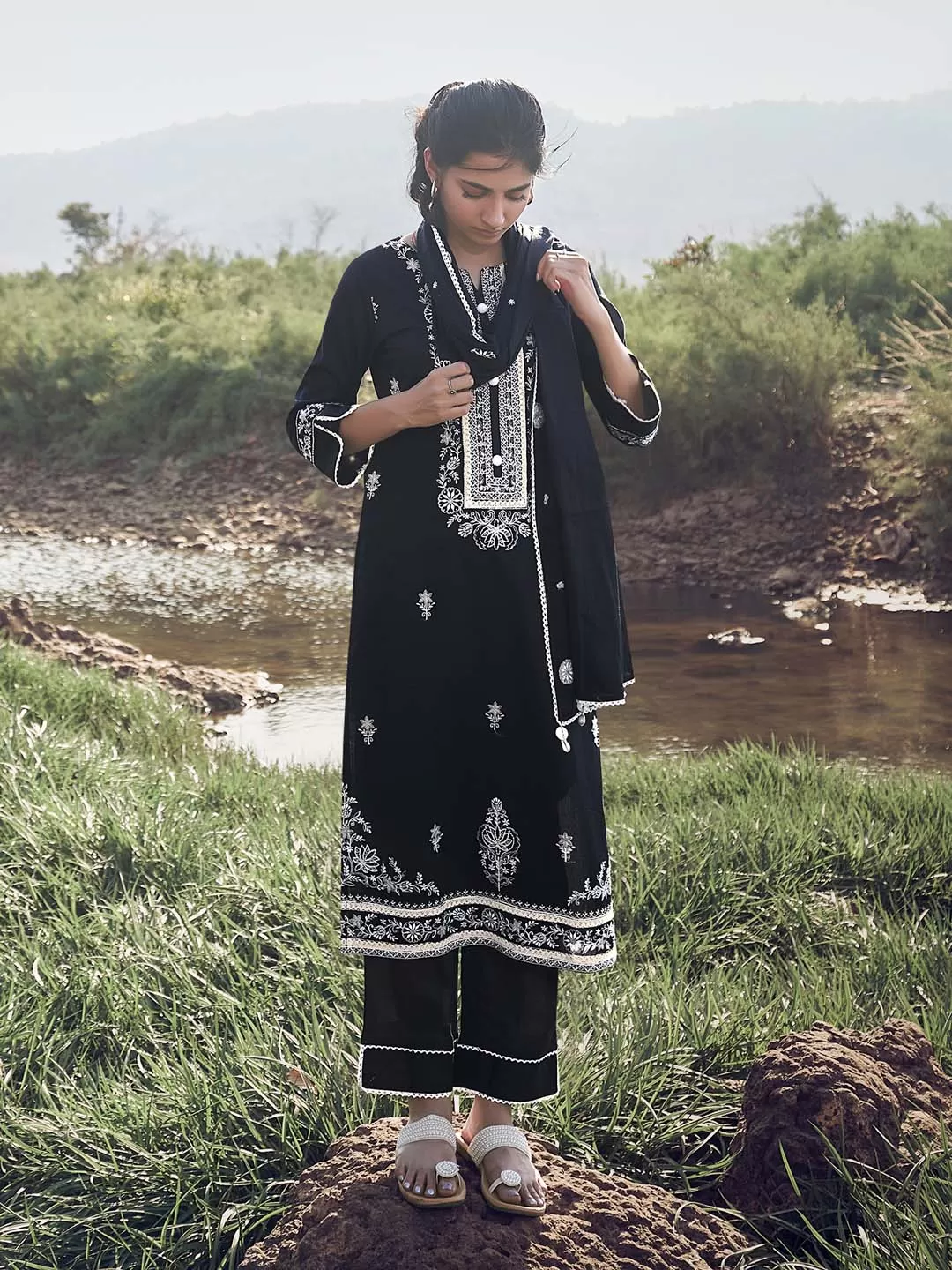 Black Cotton Embroidered Kurta with Pant and Dupatta