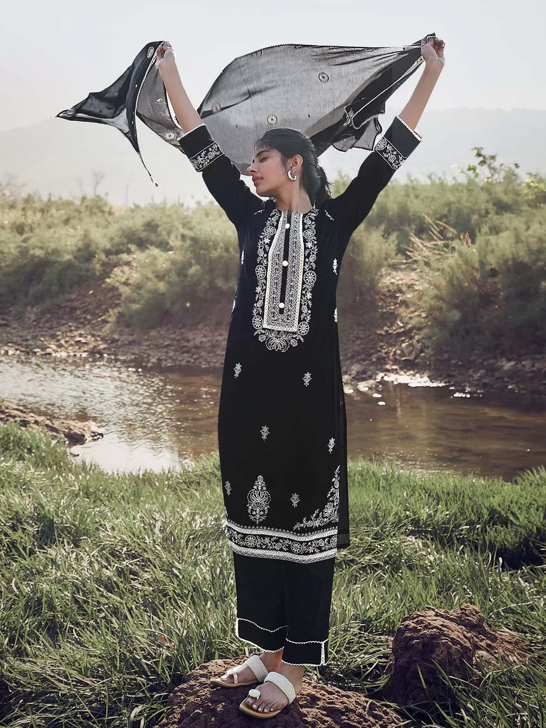 Black Cotton Embroidered Kurta with Pant and Dupatta