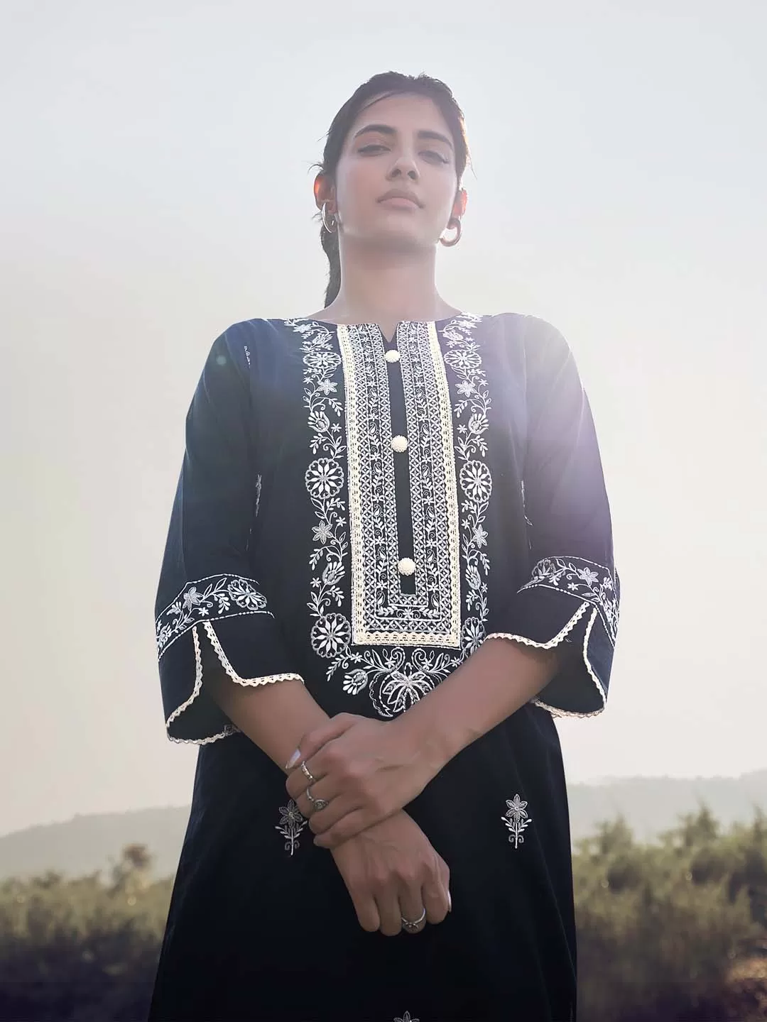 Black Cotton Embroidered Kurta with Pant and Dupatta