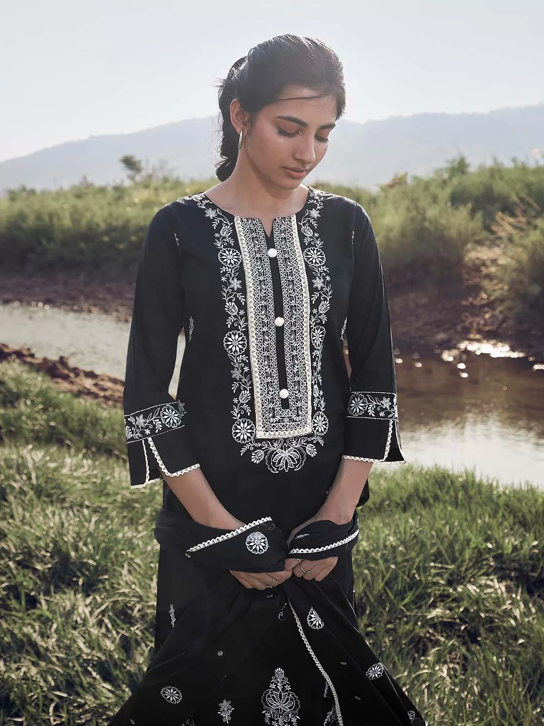 Black Cotton Embroidered Kurta with Pant and Dupatta