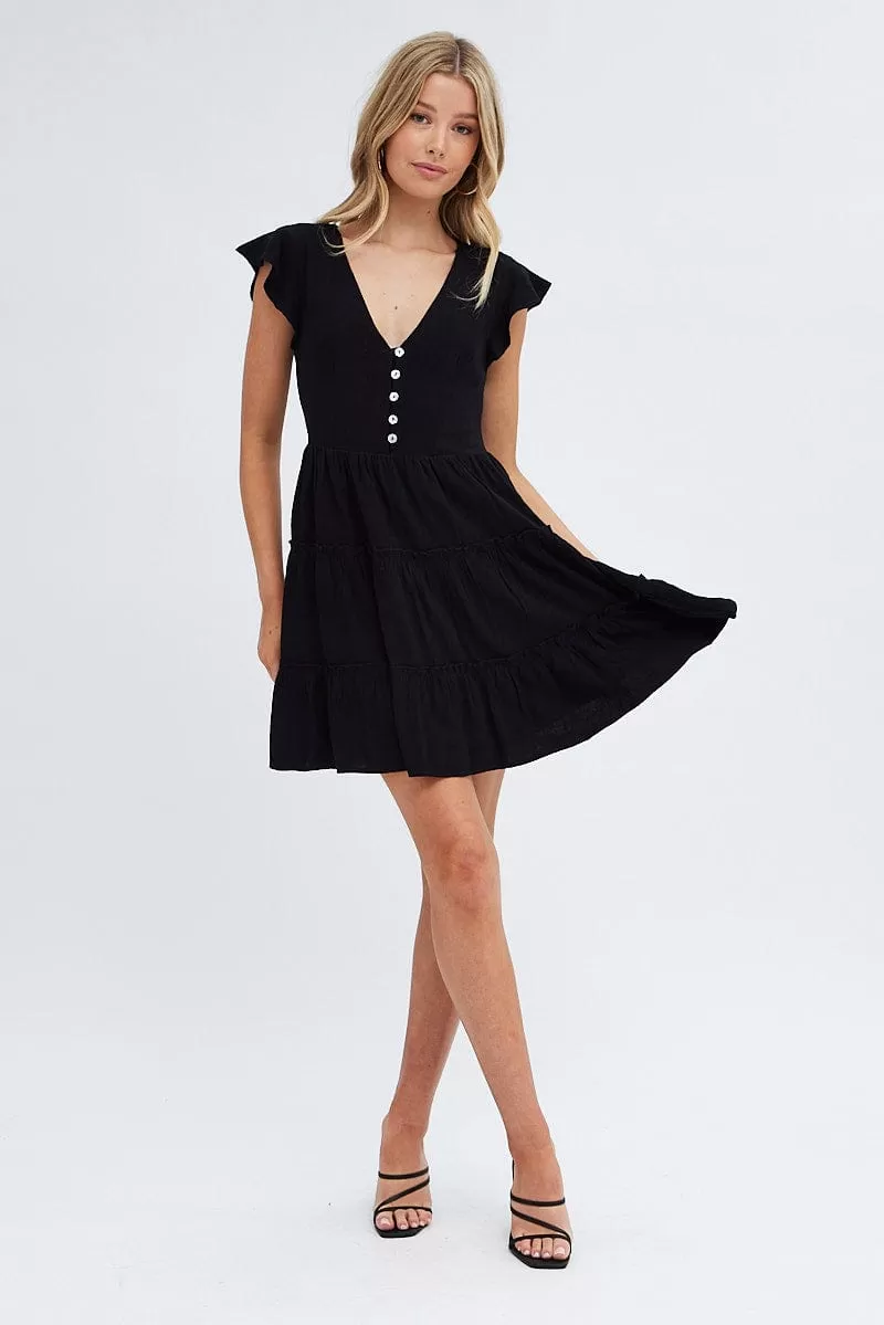 Black Fit and Flare Dress Short Sleeve V-Neck