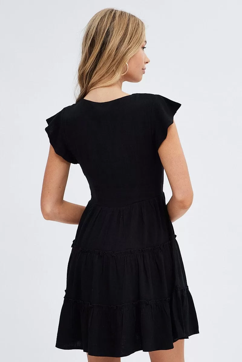 Black Fit and Flare Dress Short Sleeve V-Neck