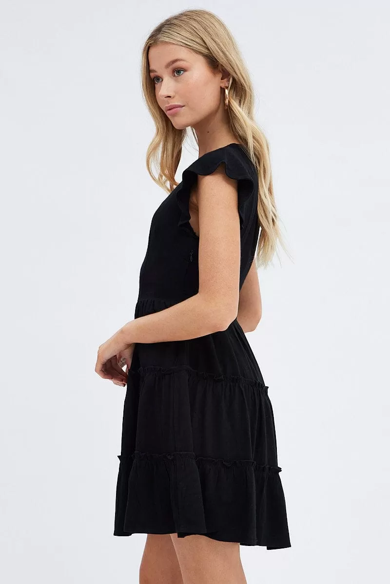 Black Fit and Flare Dress Short Sleeve V-Neck