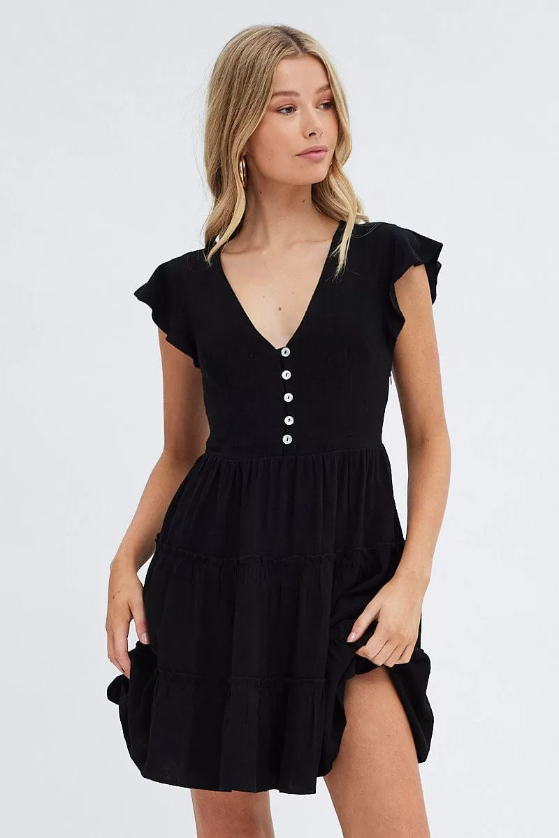 Black Fit and Flare Dress Short Sleeve V-Neck