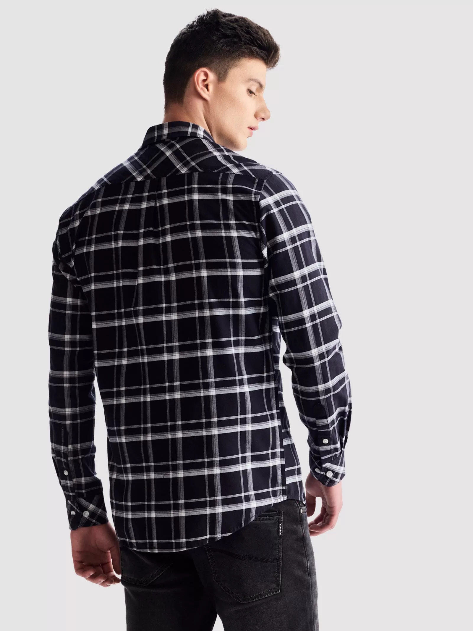 Black Pure Cotton Checked Shirt