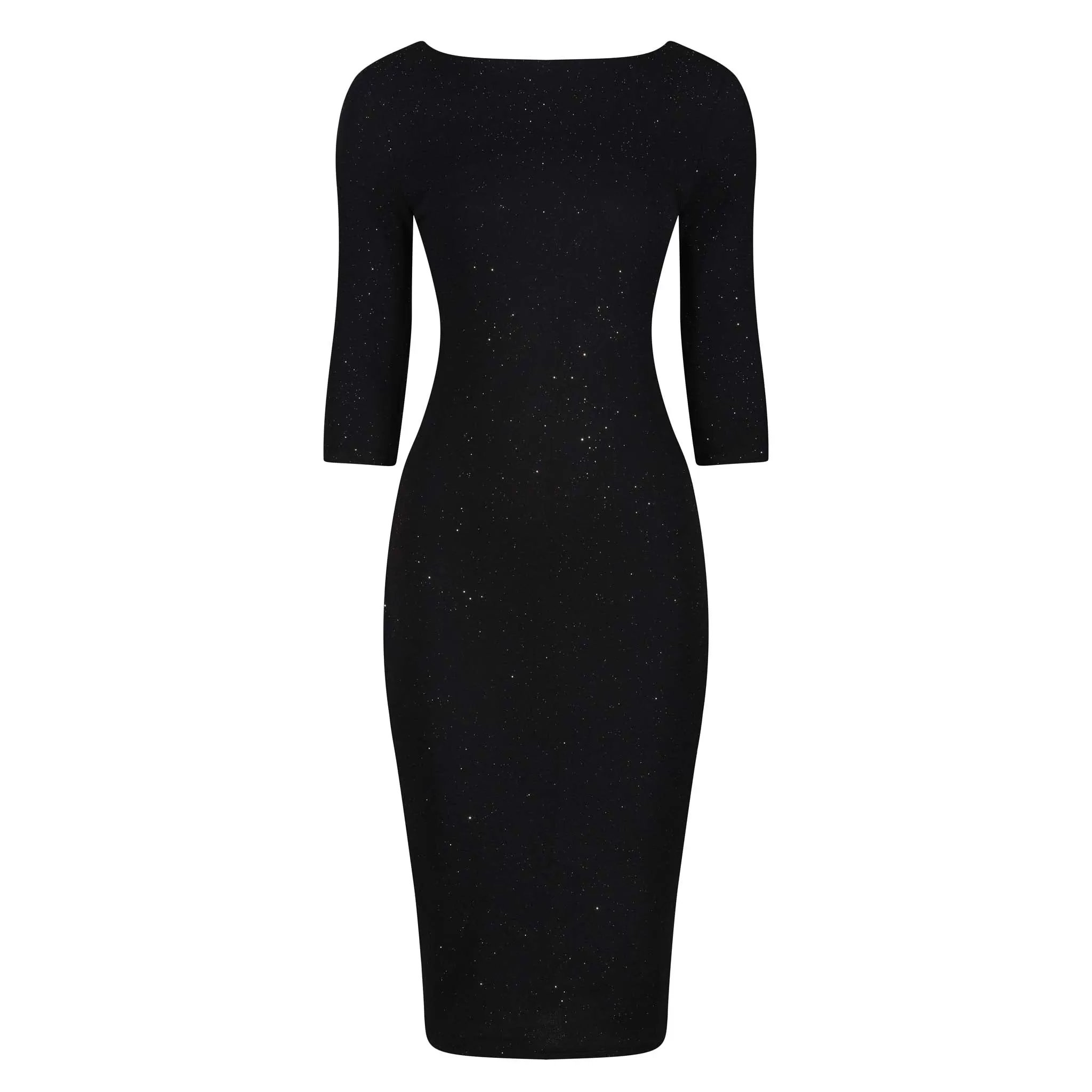 Black Silver Glitter 3/4 Sleeve Bodycon Velour Midi Party Dress