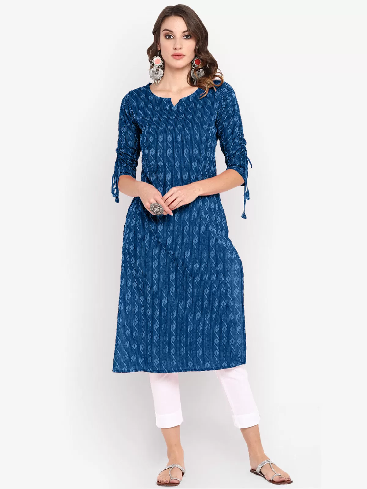 Blue Cotton Woven Design Straight Kurta