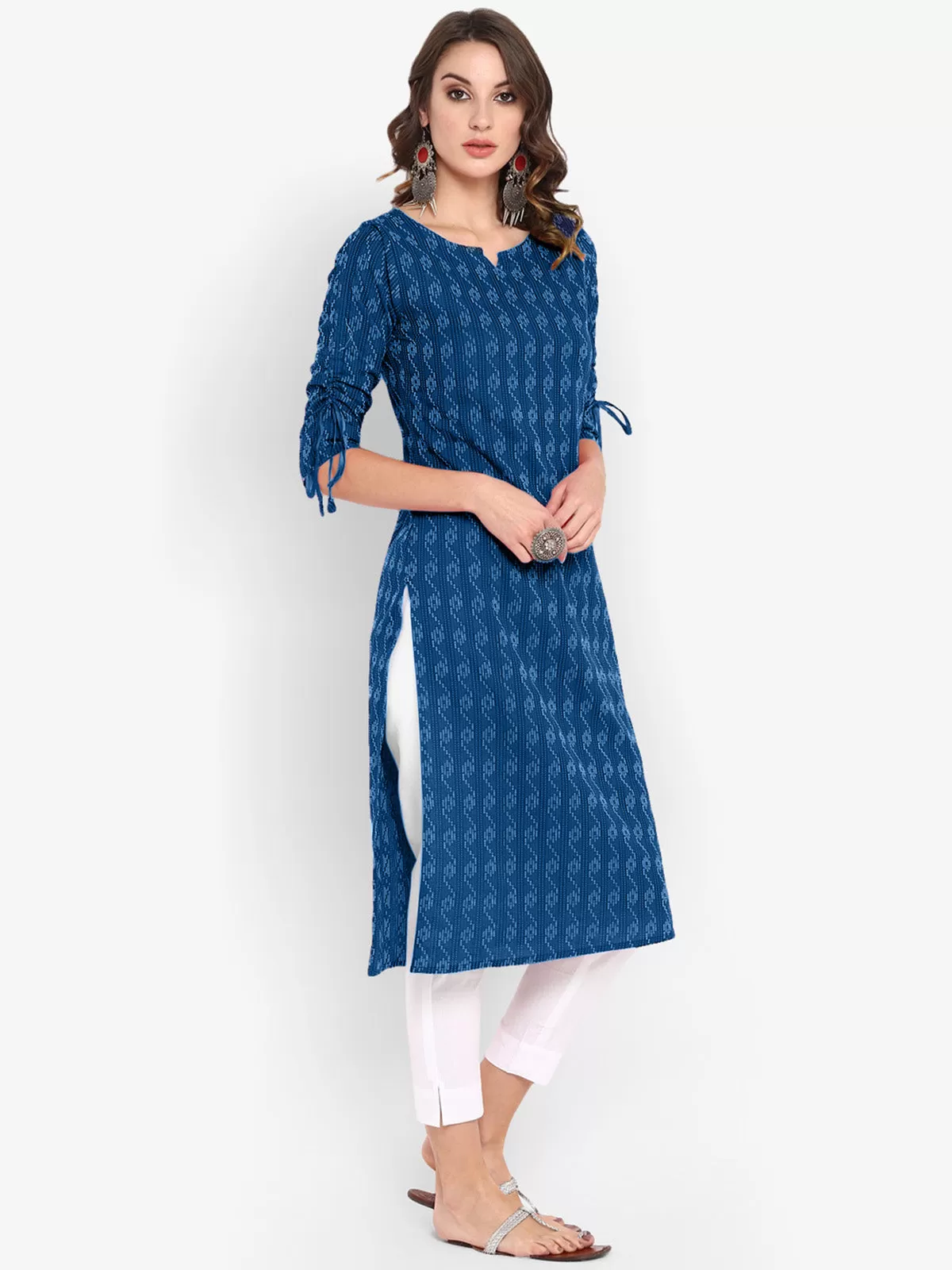 Blue Cotton Woven Design Straight Kurta