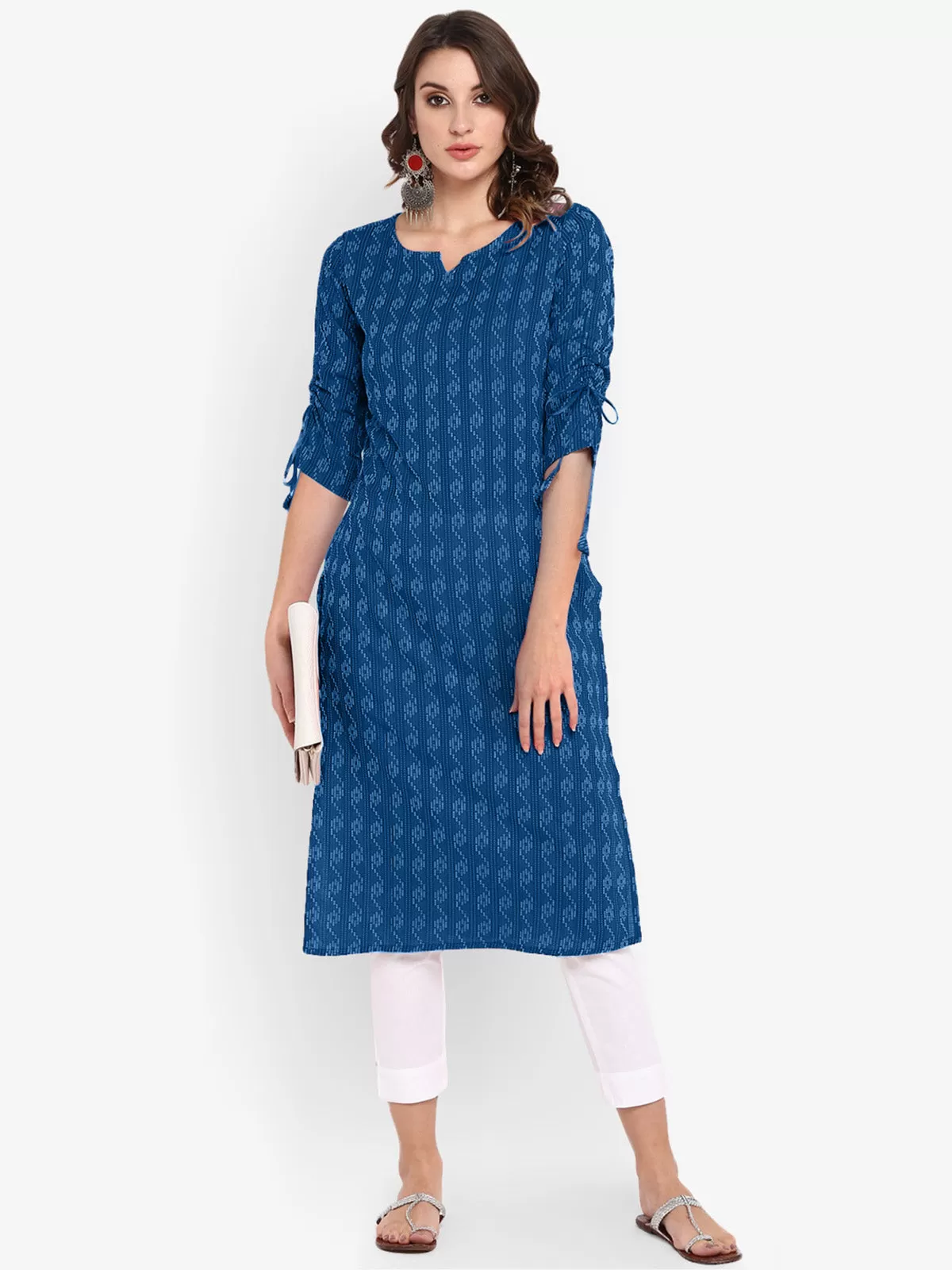 Blue Cotton Woven Design Straight Kurta