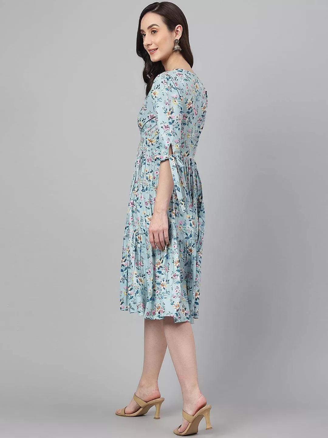 Blue Crepe Digital Print Flared Western Dress